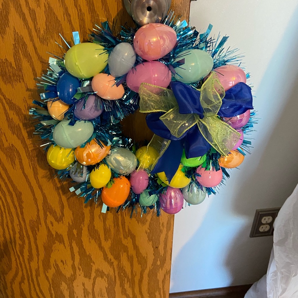 Festive Easter Egg Wreath with Blue and Yellow Accents